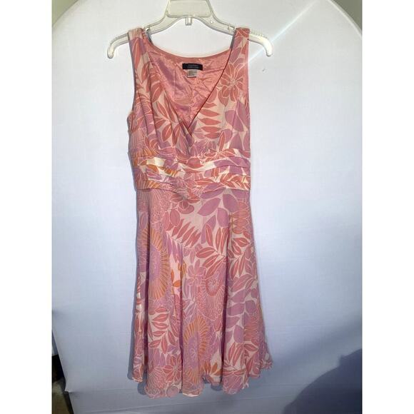 DressBarn Pink Floral 100% Silk Sleeveless V-Neck Fit & Flare Midi Dress - Picture 1 of 7